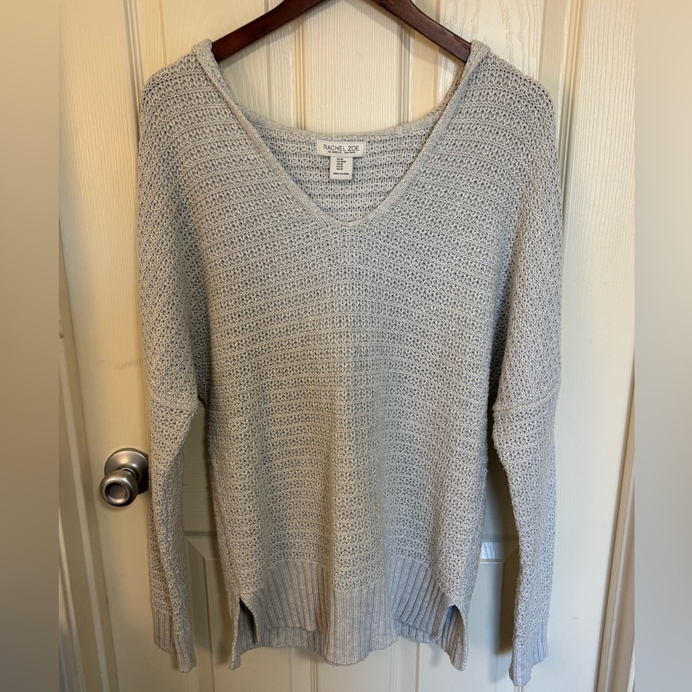 Rachel Zoe Knit summer fall Sweater M Gray Textured V‑Neck Hooded light layer